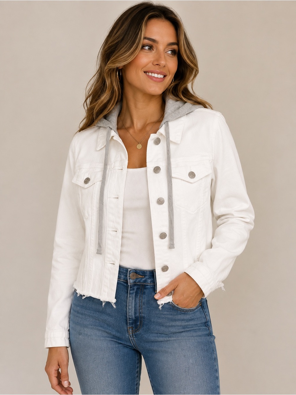 NWT RISEN White Denim Jacket Detachable Gray Hood Raw Hem Size M